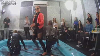 Messy Wrestling: A Double Blast Of Oil From Head To Pantyhose! Screencap 10 on www.sinx.com