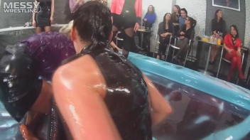 Messy Wrestling: Two Rowdy Audience Rumbles In The Oil End In Shiny See-Through Clothes! Screencap 43 on www.sinx.com