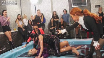 Messy Wrestling: Two Rowdy Audience Rumbles In The Oil End In Shiny See-Through Clothes! Screencap 58 on www.sinx.com