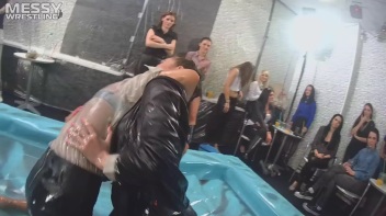 Messy Wrestling: Two Rowdy Audience Rumbles In The Oil End In Shiny See-Through Clothes! Screencap 7 on www.sinx.com