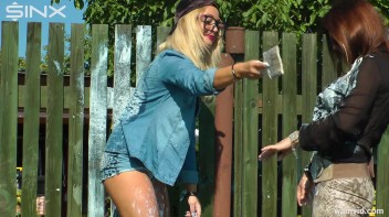 Curvy brunette and blonde get drenched in sticky white paint Screencap 16 on www.sinx.com