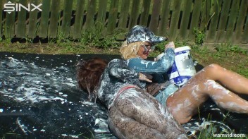 Curvy brunette and blonde get drenched in sticky white paint Screencap 50 on www.sinx.com