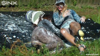 Curvy brunette and blonde get drenched in sticky white paint Screencap 51 on www.sinx.com