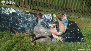 Curvy brunette and blonde get drenched in sticky white paint Screencap 57 on www.sinx.com