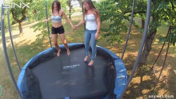 Cute Brunettes Get Drenched On Trampoline Screencap 32 on www.sinx.com