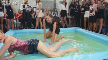 Messy Wrestling: Putting Those Short Skirts To Work In A Slippy Sloppin' Clothes Offin' Battle! Screencap 12 on www.sinx.com