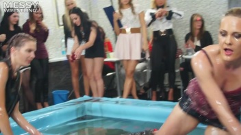 Messy Wrestling: Putting Those Short Skirts To Work In A Slippy Sloppin' Clothes Offin' Battle! Screencap 37 on www.sinx.com