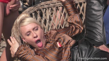 Satin Clad Blonde Takes Piss Showers During Outdoor Foursome Frenzy Screencap 34 on www.sinx.com