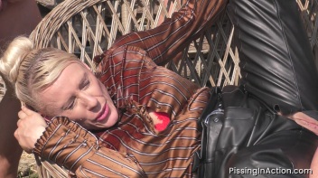 Satin Clad Blonde Takes Piss Showers During Outdoor Foursome Frenzy Screencap 35 on www.sinx.com
