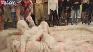 Messy Wrestling: Brunette VS. Black-Haired - Blouse Beauties Bust A Move In The Mud! Topless Toppies ... Screencap 89 on www.sinx.com