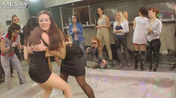 Messy Wrestling: Brunette VS. Black-Haired - Blouse Beauties Bust A Move In The Mud! Topless Toppies ... Screencap 10 on www.sinx.com