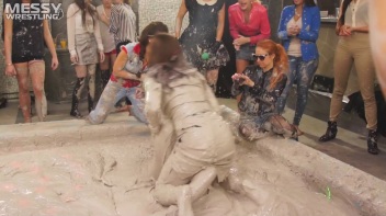 Messy Wrestling: Brunette VS. Black-Haired - Blouse Beauties Bust A Move In The Mud! Topless Toppies ... Screencap 18 on www.sinx.com