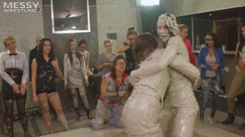 Messy Wrestling: Brunette VS. Black-Haired - Blouse Beauties Bust A Move In The Mud! Topless Toppies ... Screencap 23 on www.sinx.com