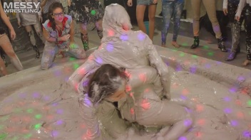 Messy Wrestling: Brunette VS. Black-Haired - Blouse Beauties Bust A Move In The Mud! Topless Toppies ... Screencap 24 on www.sinx.com