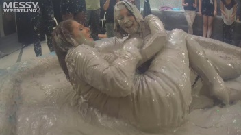 Messy Wrestling: Brunette VS. Black-Haired - Blouse Beauties Bust A Move In The Mud! Topless Toppies ... Screencap 28 on www.sinx.com