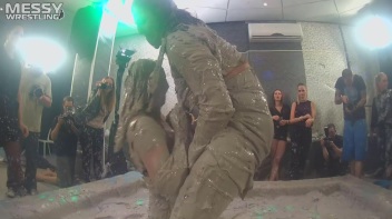 Messy Wrestling: Brunette VS. Black-Haired - Blouse Beauties Bust A Move In The Mud! Topless Toppies ... Screencap 30 on www.sinx.com