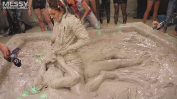Messy Wrestling: Brunette VS. Black-Haired - Blouse Beauties Bust A Move In The Mud! Topless Toppies ... Screencap 48 on www.sinx.com