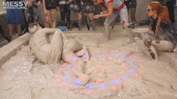 Messy Wrestling: Brunette VS. Black-Haired - Blouse Beauties Bust A Move In The Mud! Topless Toppies ... Screencap 54 on www.sinx.com