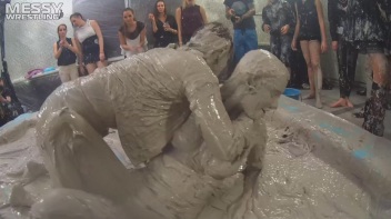 Messy Wrestling: Brunette VS. Black-Haired - Blouse Beauties Bust A Move In The Mud! Topless Toppies ... Screencap 57 on www.sinx.com