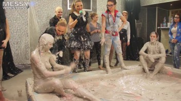 Messy Wrestling: Brunette VS. Black-Haired - Blouse Beauties Bust A Move In The Mud! Topless Toppies ... Screencap 72 on www.sinx.com