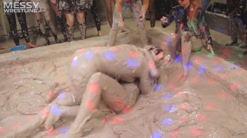 Messy Wrestling: Brunette VS. Black-Haired - Blouse Beauties Bust A Move In The Mud! Topless Toppies ... Screencap 75 on www.sinx.com