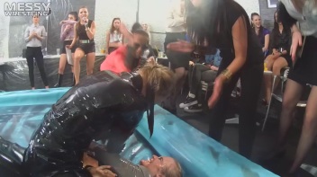 Messy Wrestling: A Double Blast Of Oil From Head To Pantyhose! Screencap 9 on www.sinx.com