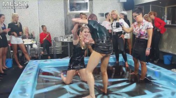 Messy Wrestling: Slop-Happy Mess Freaks Wriggle In The Oil And Rip Some Pantyhose To Shreds! Screencap 32 on www.sinx.com