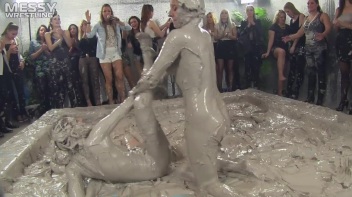 Muddy Wrestling: Satin, Skirts, and Audience Mud Blasted To The Max!  Everyone Gets A Taste! Screencap 107 on www.sinx.com