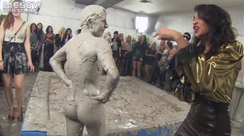 Muddy Wrestling: Satin, Skirts, and Audience Mud Blasted To The Max!  Everyone Gets A Taste! Screencap 114 on www.sinx.com