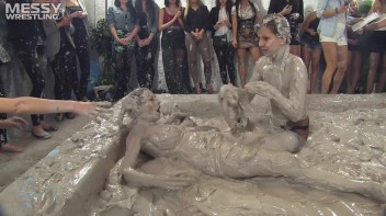 Muddy Wrestling: Satin, Skirts, and Audience Mud Blasted To The Max!  Everyone Gets A Taste! Screencap 48 on www.sinx.com