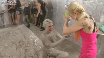 Muddy Wrestling: Satin, Skirts, and Audience Mud Blasted To The Max!  Everyone Gets A Taste! Screencap 77 on www.sinx.com