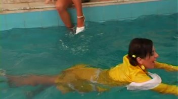 Satin Clad Cuties Hop In The Pool Screencap 9 on www.sinx.com