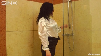 Clothed Beauty Showering In Satin Blouse Screencap 1 on www.sinx.com
