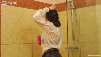 Clothed Beauty Showering In Satin Blouse Screencap 12 on www.sinx.com