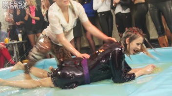 Messy Wrestling: Shiny, Slimy, And Ready To Rumble In Oil! Dunk This Bitch & Tear Her Clothes!!! Screencap 47 on www.sinx.com