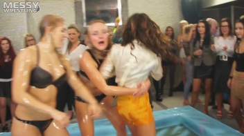 Messy Wrestling: Hip Chicks Get Their Oil Fix - No Stopping Till They Reach The Panties! Screencap 87 on www.sinx.com