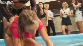 Messy Wrestling: Hip Chicks Get Their Oil Fix - No Stopping Till They Reach The Panties! Screencap 25 on www.sinx.com