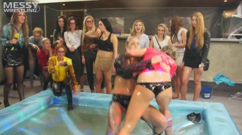 Messy Wrestling: Hip Chicks Get Their Oil Fix - No Stopping Till They Reach The Panties! Screencap 26 on www.sinx.com