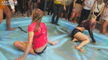 Messy Wrestling: Hip Chicks Get Their Oil Fix - No Stopping Till They Reach The Panties! Screencap 31 on www.sinx.com