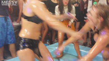 Messy Wrestling: Hip Chicks Get Their Oil Fix - No Stopping Till They Reach The Panties! Screencap 57 on www.sinx.com