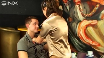 Busty Brunette Sucks Cock In A Coffee Shop Screencap 9 on www.sinx.com