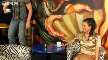 Busty Brunette Sucks Cock In A Coffee Shop Screencap 2 on www.sinx.com