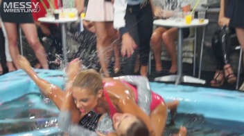Messy Wrestling: Swimsuit vs. Short Shorts -  Shiny, Oily Smackdown! Screencap 20 on www.sinx.com