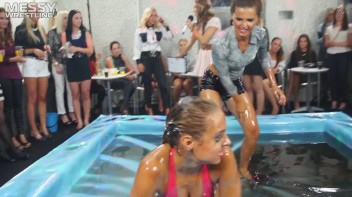 Messy Wrestling: Swimsuit vs. Short Shorts -  Shiny, Oily Smackdown! Screencap 27 on www.sinx.com