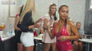 Messy Wrestling: Swimsuit vs. Short Shorts -  Shiny, Oily Smackdown! Screencap 30 on www.sinx.com