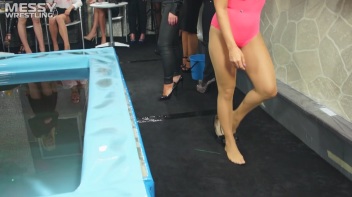 Messy Wrestling: Swimsuit vs. Short Shorts -  Shiny, Oily Smackdown! Screencap 4 on www.sinx.com