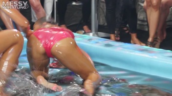 Messy Wrestling: Swimsuit vs. Short Shorts -  Shiny, Oily Smackdown! Screencap 44 on www.sinx.com