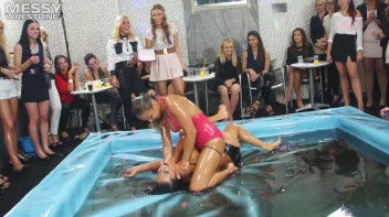 Messy Wrestling: Swimsuit vs. Short Shorts -  Shiny, Oily Smackdown! Screencap 65 on www.sinx.com
