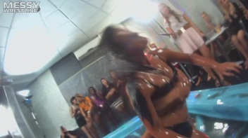 Messy Wrestling: Swimsuit vs. Short Shorts -  Shiny, Oily Smackdown! Screencap 67 on www.sinx.com