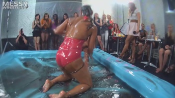 Messy Wrestling: Swimsuit vs. Short Shorts -  Shiny, Oily Smackdown! Screencap 68 on www.sinx.com